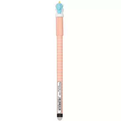 Caneta apagável rosa com tampa de unicórnio azul e branco