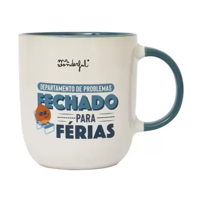 Caneca branca com texto e desenho em azul e laranja