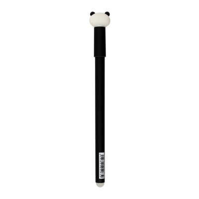 Caneta preta com tampa branca em forma de cabeça de panda e código de barras