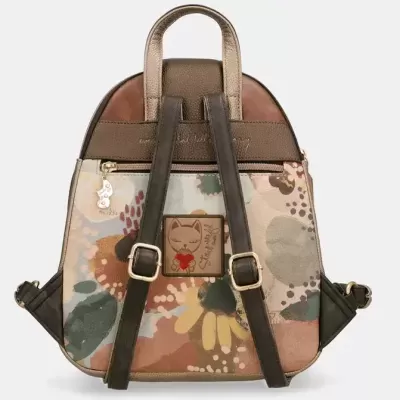 Mochila feminina castanha com padrão floral e figura de gato Anekke