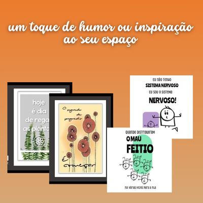 Quadros decorativos com frases humorísticas e desenhos, fundo degradê laranja