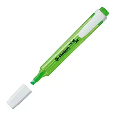 Marca-texto verde com tampa branca e texto STABILO swing cool
