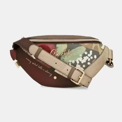 Bolsa pochete Anekke castanho, dourado e verde com padrão floral