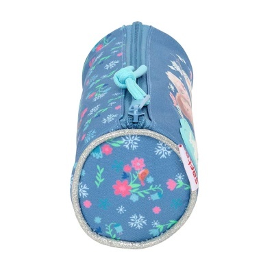 Estojo cilíndrico azul com padrão de flores e flocos de neve