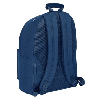 Mochila azul escuro vista de costas com alças acolchoadas