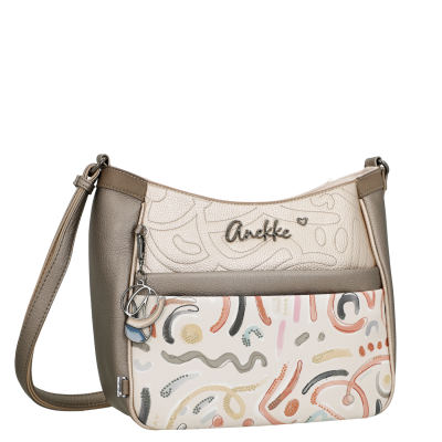 Mala tiracolo com padrão abstrato colorido e nome Anekke em relevo