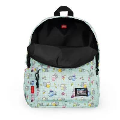 Mochila azul claro com padrão de gatos e bebidas coloridas