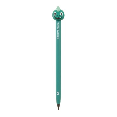 Lápis verde com cabeça de dinossauro e texto INFINITE PENCIL