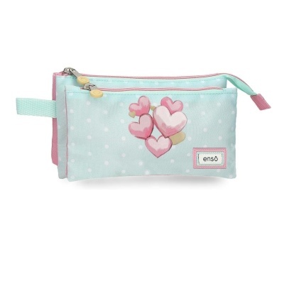 Necessaire azul claro com corações rosa e etiqueta ensô