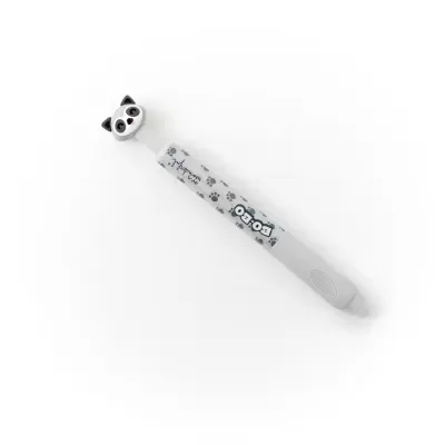 Pincel de dentes infantil cinzento com cabeça animal e cabo com padrão de patas.