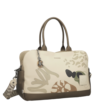 Mala bege e castanho com padrão floral abstrato e alças duplas