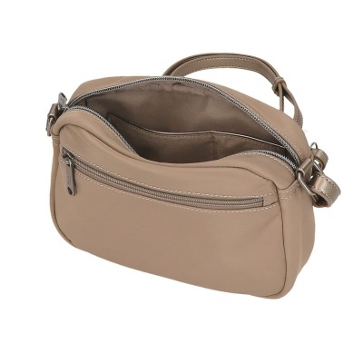 Mala bege pequena com alça ajustável e bolsos com fecho de correr