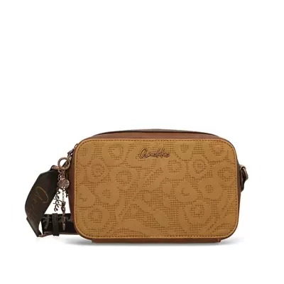 Bolsa castanha clara com padrão floral em relevo e alça castanha escura