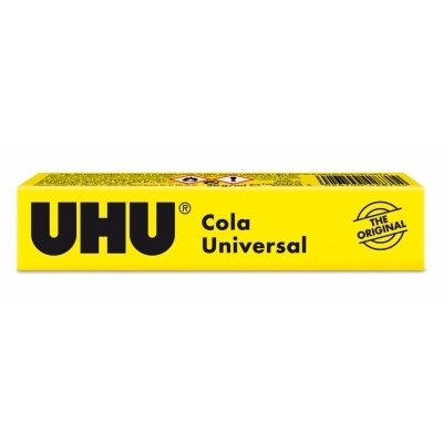 Embalagem amarela de cola universal UHU com texto preto e selo THE ORIGINAL
