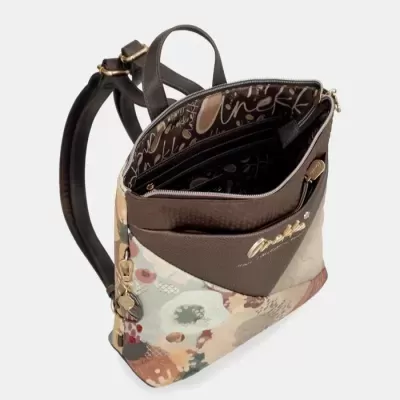 Mochila feminina floral com detalhes em couro castanho e logótipo dourado Anekke
