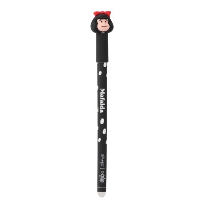 Caneta preta com topo em forma de boneca Mafalda com laço vermelho