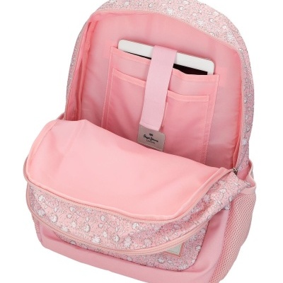 Mochila rosa clara com padrão floral branco e interior rosa com bolso para portátil