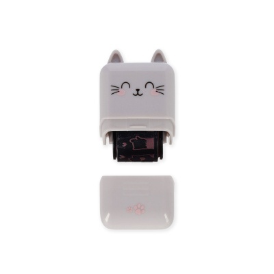 Carimbo branco em forma de gato com carimbo de rolo desenhado.