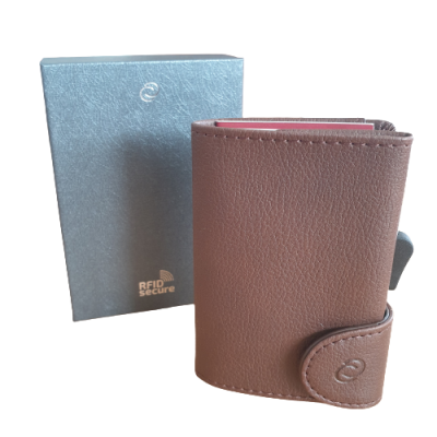 Carteira castanha com fecho e embalagem cinzenta RFID Secure