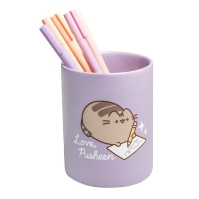 Suporte lilás para canetas com desenho do gato Pusheen e texto Love, Pusheen
