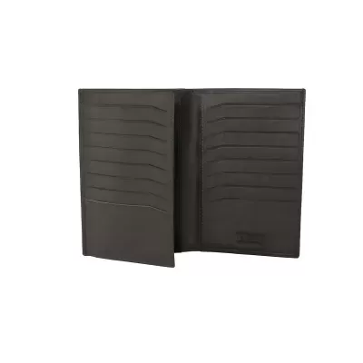 Carteira masculina preta de couro aberta com vários compartimentos para cartões