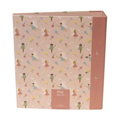 Pasta arquivadora rosa com padrão de fadas e flores e fechos metálicos