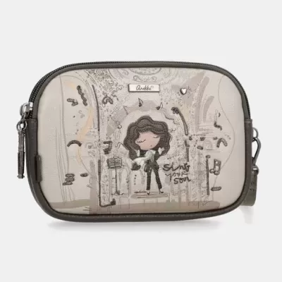 Bolsa pequena de pele sintética cinza com desenho de menina a cantar e frase SING YOUR SOUL