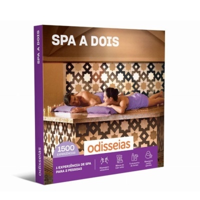 Embalagem de experiência SPA a dois da Odisseias com casal e padrão geométrico