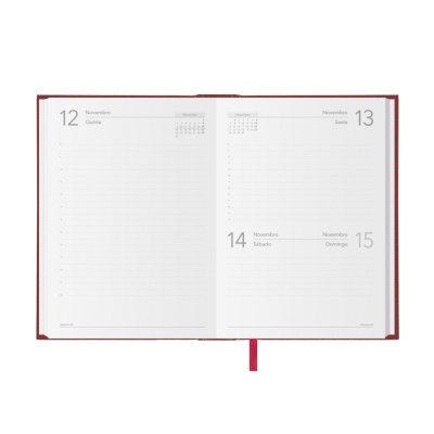 Agenda aberta com datas de Novembro, capa castanha e marcador rosa