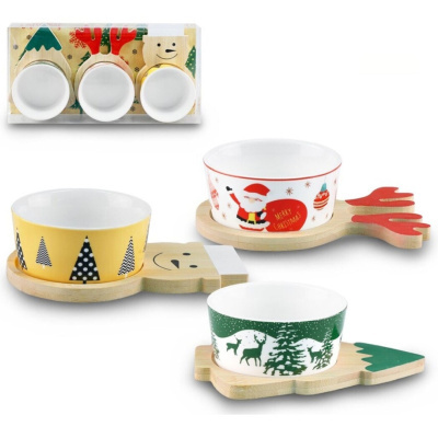 Conjunto de tigelas de cerâmica com motivos de Natal e bases de madeira decorativas.