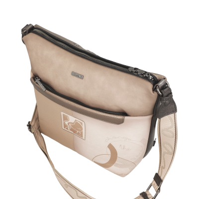 Mala de ombro bege e castanha com alça ajustável e decoração com texto