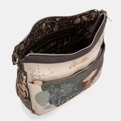 Mala de senhora bege e castanha com interior estampado e fecho zipper