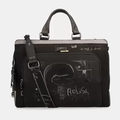 Mala preta com alças castanho-acinzentadas, padrão de menina e texto Relish moment