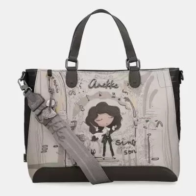 Saco feminino Anekke cinza e bege com ilustração e texto sing your soul