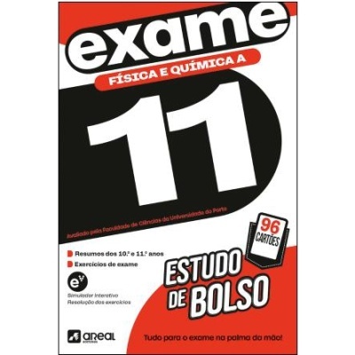 Capa do livro 'exame FÍSICA E QUÍMICA A 11' com cores vermelho, branco e preto