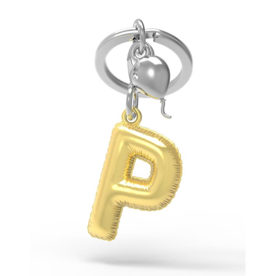 anel prateado com pendente letra P dourado e balão prateado