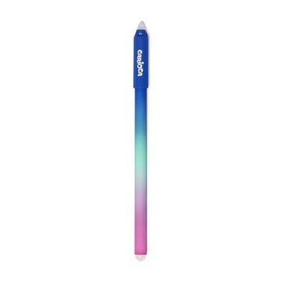 Caneta degradê azul, verde e rosa com tampa azul e texto CARIOCA em branco