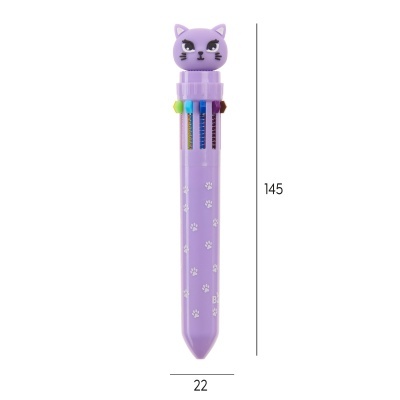 Caneta multicolor lilás com cabeça de gato na tampa e pegadas brancas.