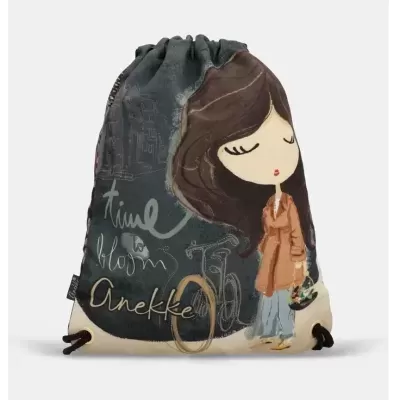 Mochila saco com ilustração de rapariga e bicicleta em fundo escuro