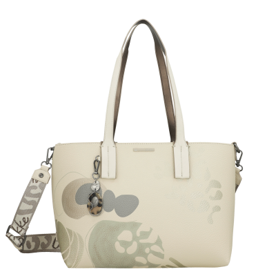 Mala de mão branca decorada com padrão de folhas coloridas e alça removível