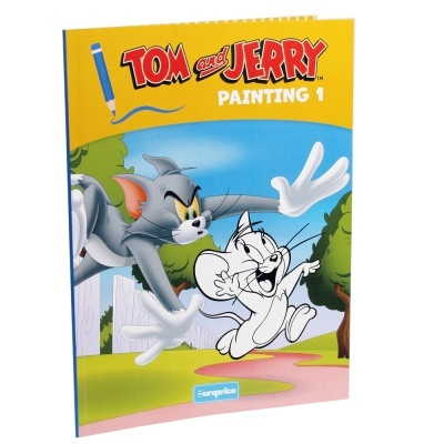 Livro de pintar Tom and Jerry amarelo e azul com ilustração de Tom a perseguir Jerry