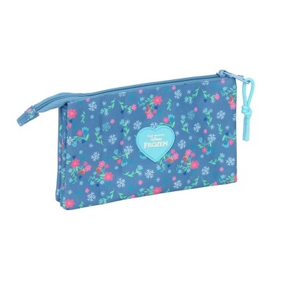 Estojo azul com padrão floral e coração com texto Disney Frozen