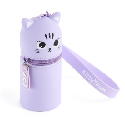 Estojo lilás em silicone com tampa em forma de gato e alça