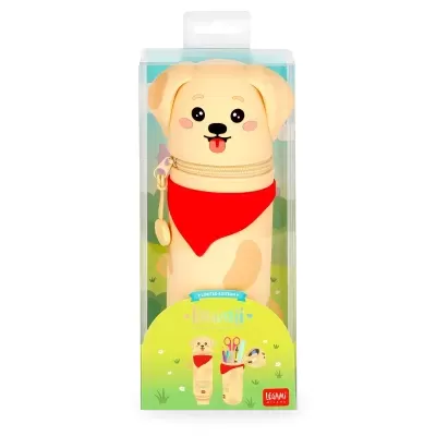 Estojo cão amarelo claro com lenço vermelho e fecho numa embalagem transparente
