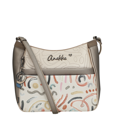Mala tiracolo Anekke com padrão abstrato e chaveiro em tons neutros