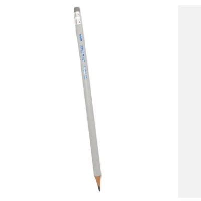 Lápis de escrever cinzento com borracha prateada e texto azul