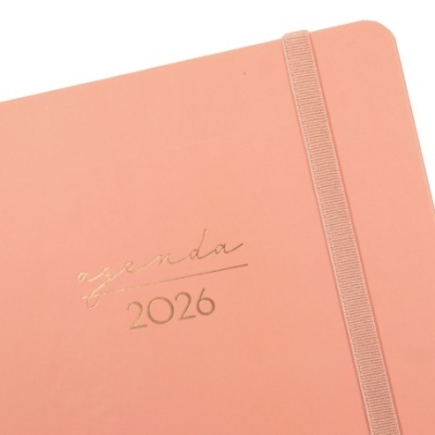 Agenda cor-de-rosa com texto dourado e elástico no canto