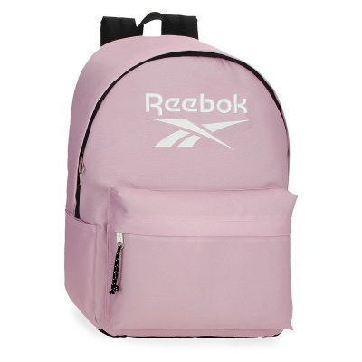 Mochila rosa da marca Reebok com bolso frontal e alças pretas