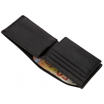 Carteira masculina preta aberta com notas de euro visíveis