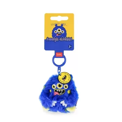 Chaveiro peluche azul com olhos amarelos e texto How to say... Aaarglh-derdibdel